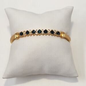 Blue Clear Crystal Gold Tone Bangle Hinged Bracelet Costume Jewelry Workwear